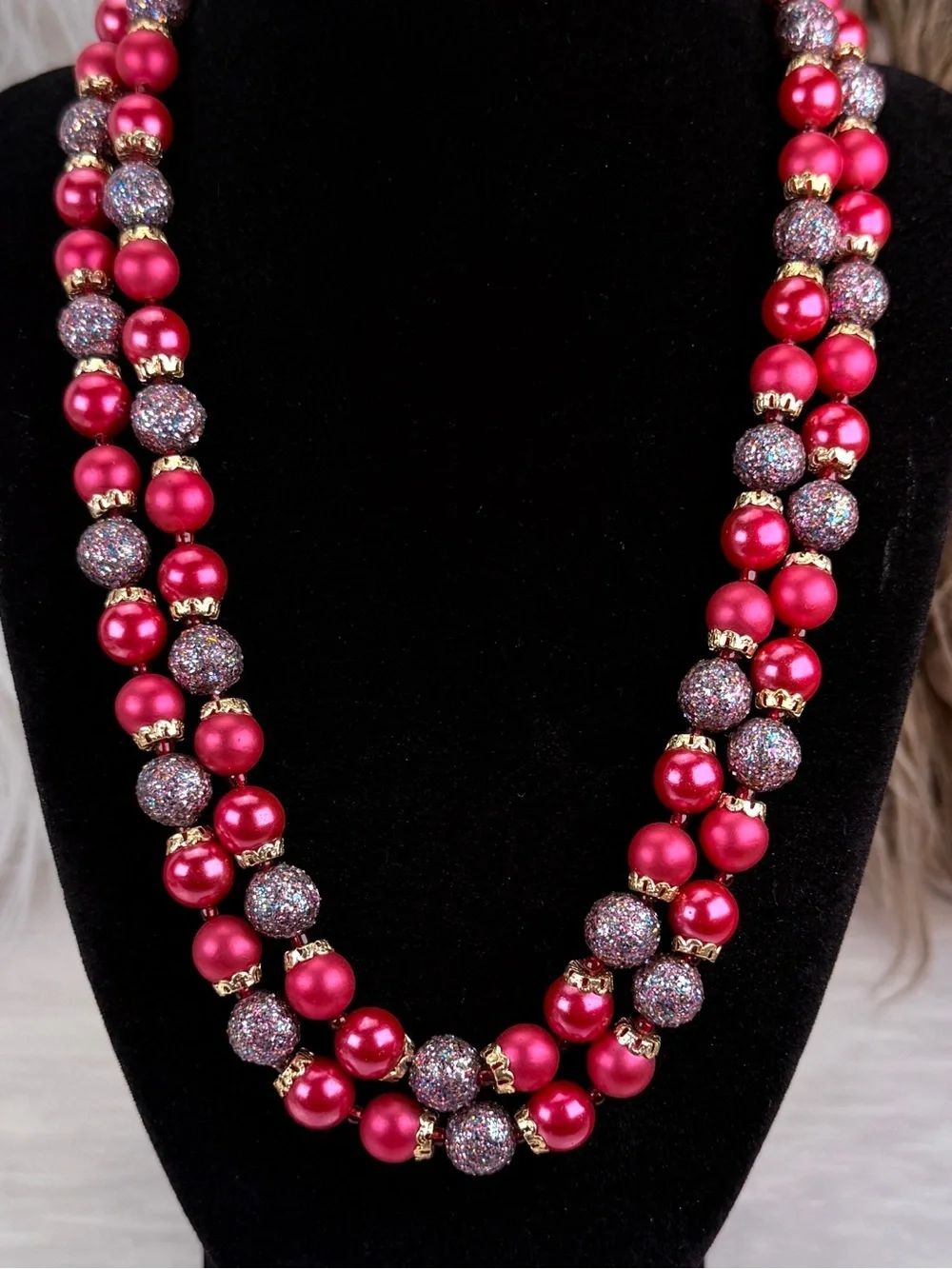 Vintage Japan Double Strand Pink Bead Statement Necklace Gold Tone